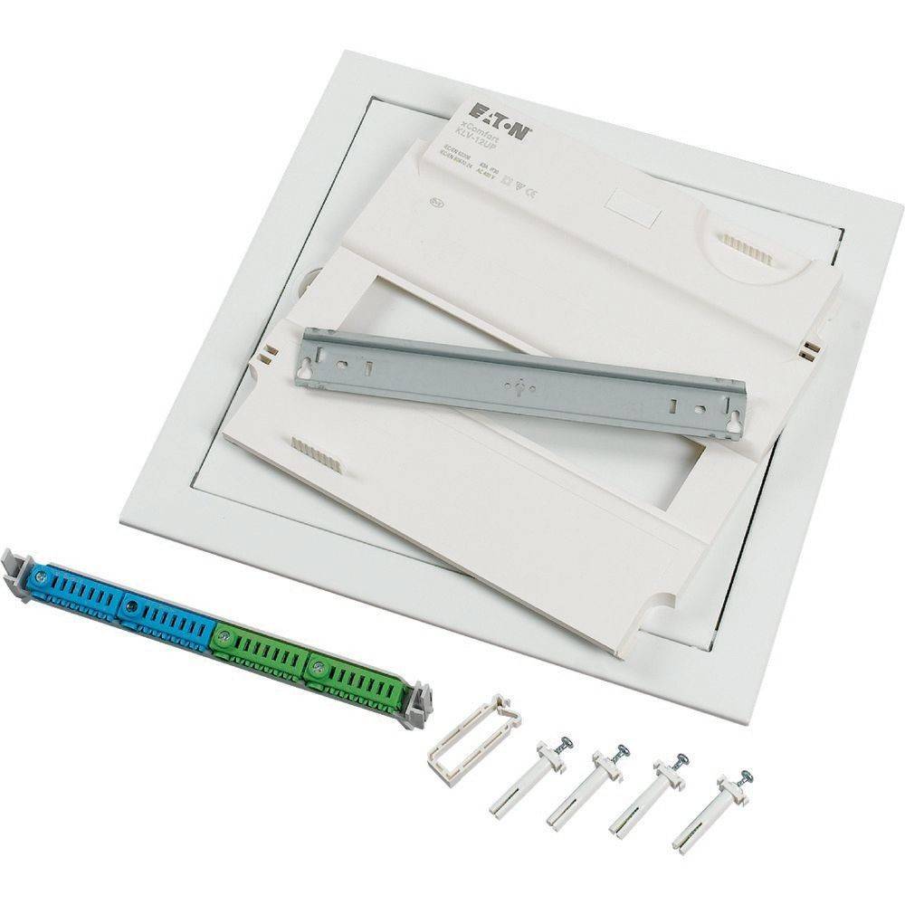 Das Eaton MEMSHIELD2 Verteilertafel-Set umfasst eine Tafel, einen Montagerahmen, ein Sicherungsautomatenmodul und Schrauben für elektrische Installationen.