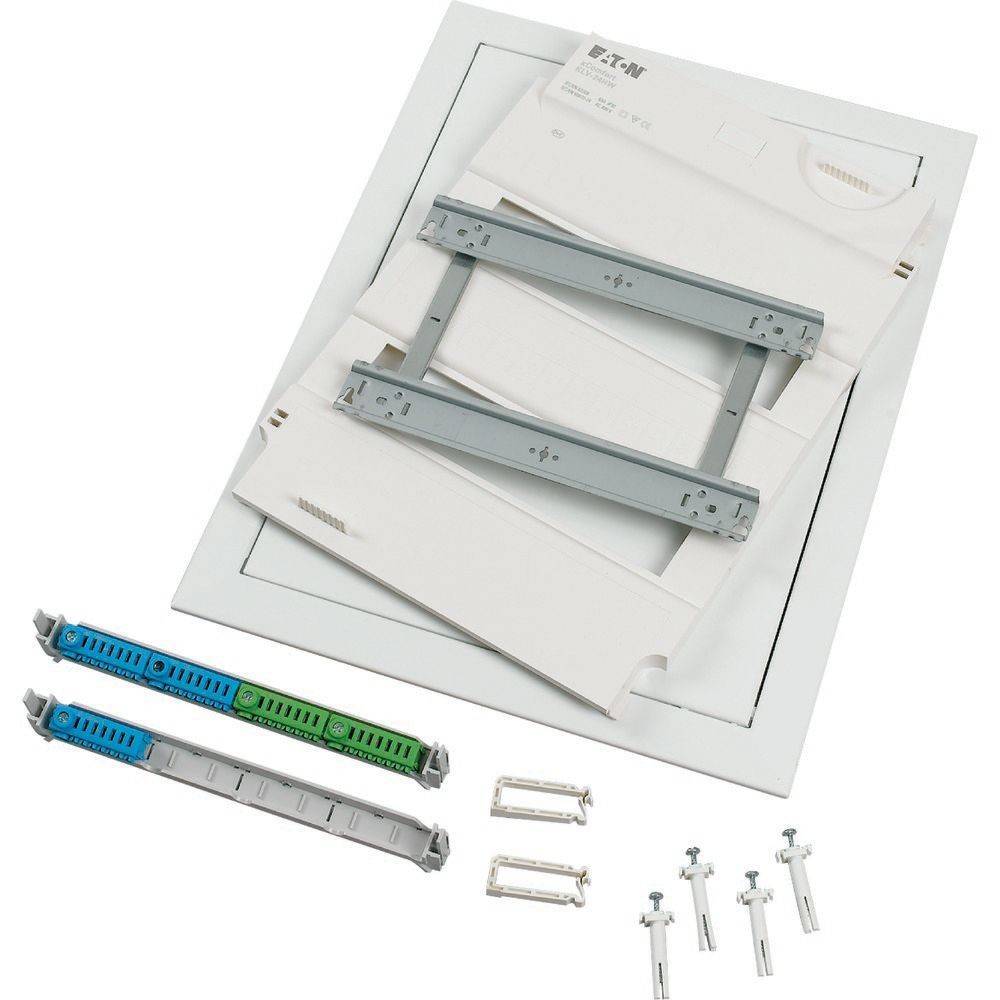 Installationsset für elektrische Verteilerdose von 'Eaton', enthält weiße Panelabdeckung, Befestigungsklammern, Schrauben und zwei farbige Sammelschienen.