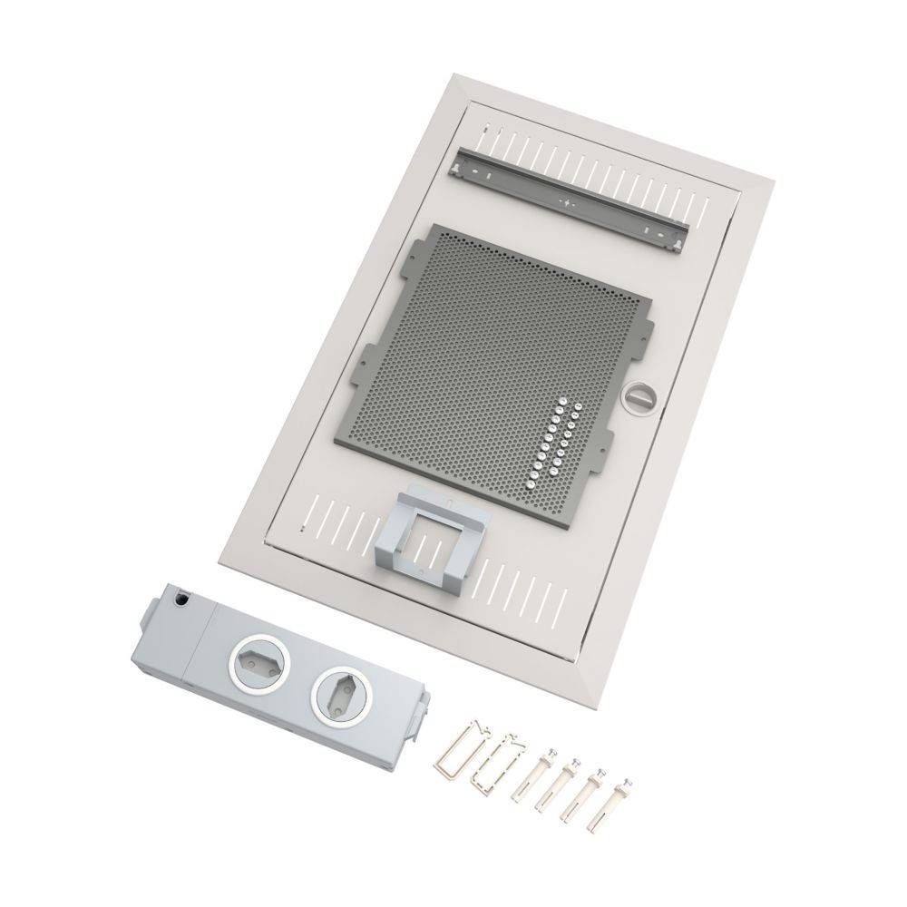 Ein Satz elektronischer Komponenten, die auf einer weißen Oberfläche ausgelegt sind, einschließlich einer großen Leiterplatte, Anschlüssen und Befestigungsklammern.