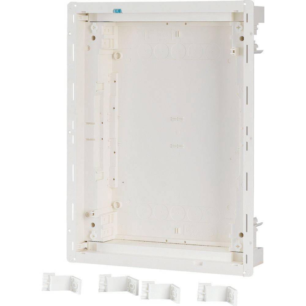 Weiße Kunststoff-Wandgehäuse mit Montagehalterungen, die darunter angebracht sind, verwendet zur Organisation und zum Schutz von elektronischen oder Netzwerkkomponenten.