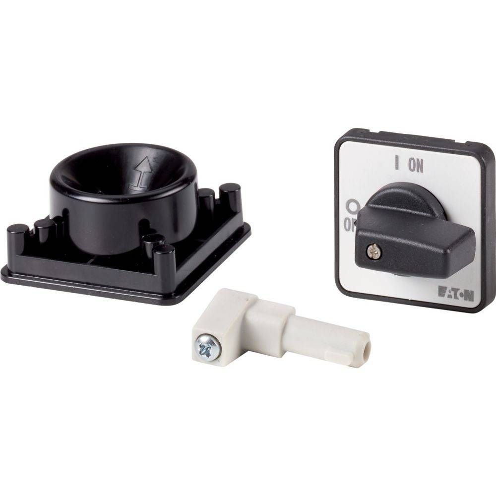 Drehschalter-Baugruppe mit Komponenten: ein schwarzer Drehknopf mit einem Pfeil, ein weißes Verbindungsstück und eine quadratische Schalterbasis mit der Markierung 'EIN'.