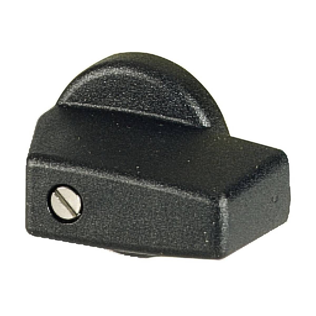 Schwarzer Verriegelungsgriff mit einem Schraubenloch an der Seite, verwendet zum Sichern von Türen oder Platten.