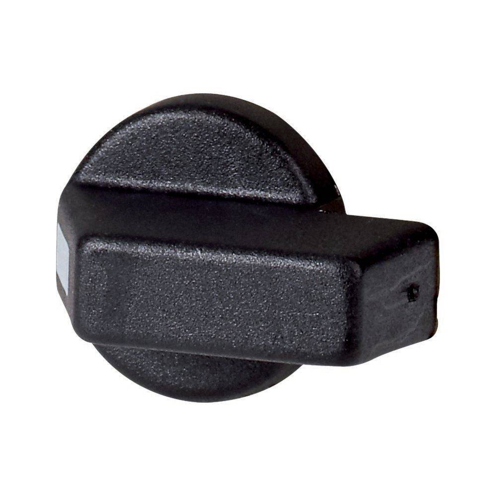 Ein kleiner schwarzer Knopf mit rechteckigem Griff, der häufig als Schalter an Haushaltsgeräten oder elektronischen Geräten verwendet wird.