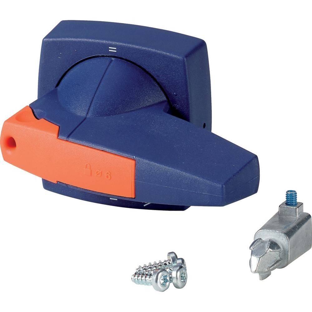 Ein blau-orangefarbener Drehschalter mit drei Positionen und einem sicheren Verriegelungsmechanismus, versehen mit einem Metallriegel und einer Schraube.