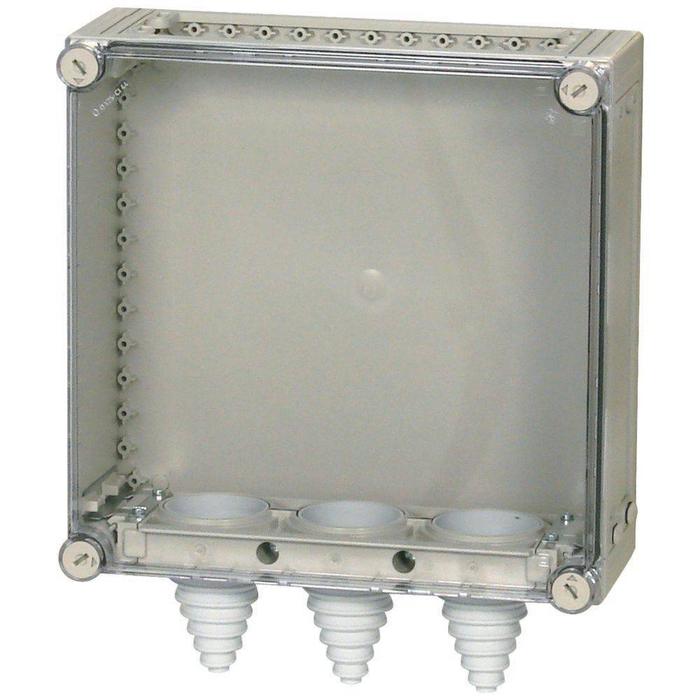 Eine graue elektrische Verteilerdose mit einem transparenten Deckel, die mehrere Eintrittspunkte für Kabel am Boden aufweist.