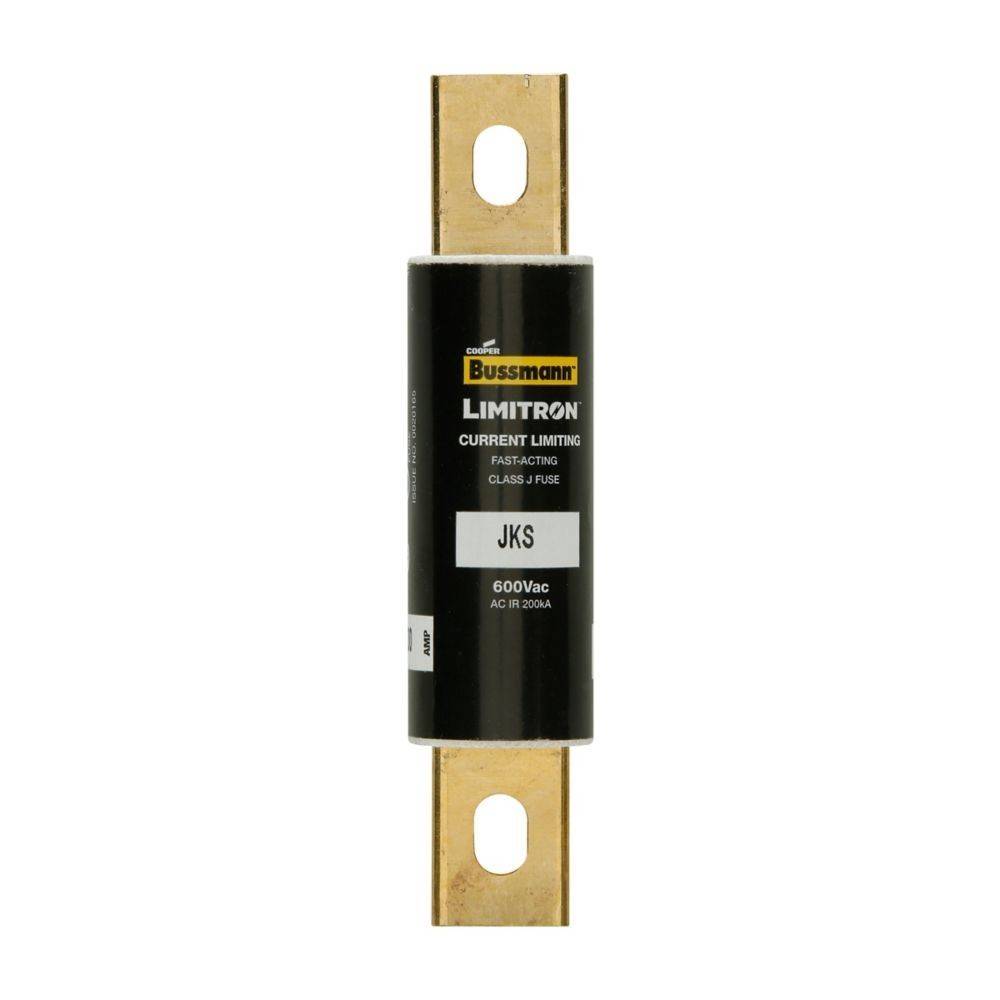 Eine Bussmann Limitron Klasse J Sicherung, bewertet mit 600V Wechselstrom, 200A, vor einem schlichten Hintergrund.