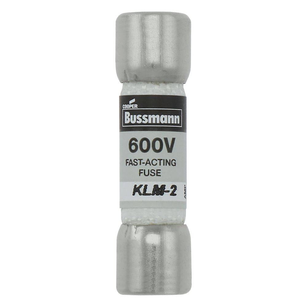 Eine zylindrische Schnellschmelzsicherung mit der Bezeichnung 'Bussmann 600V KLM-2', die zum elektrischen Schutz verwendet wird, mit Metallkappen an beiden Enden.