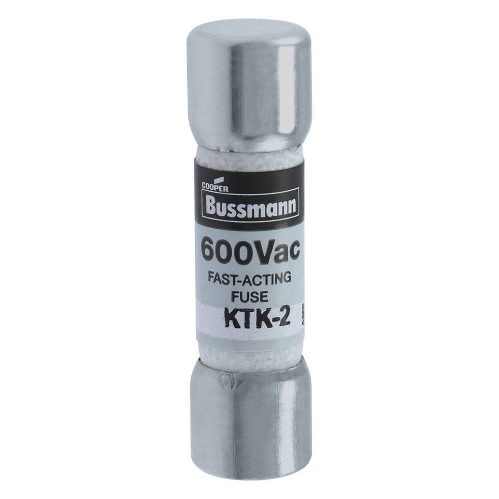 Eine zylindrische elektrische Sicherung mit der Bezeichnung 'Cooper Bussmann 600Vac Fast-Acting Fuse KTK-2', die zum Schutz von elektrischen Stromkreisen verwendet wird.