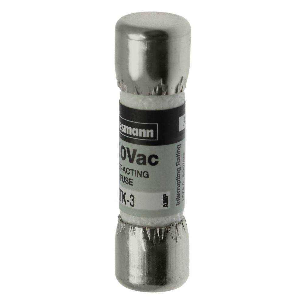 Ein Bussmann 500V-Sicherung mit einem Keramikgehäuse und Metallendkappen, beschriftet mit '500Vac' und 'Verwenden Sie ausschließlich Littelfuse-Produkte für Kontinuität'.