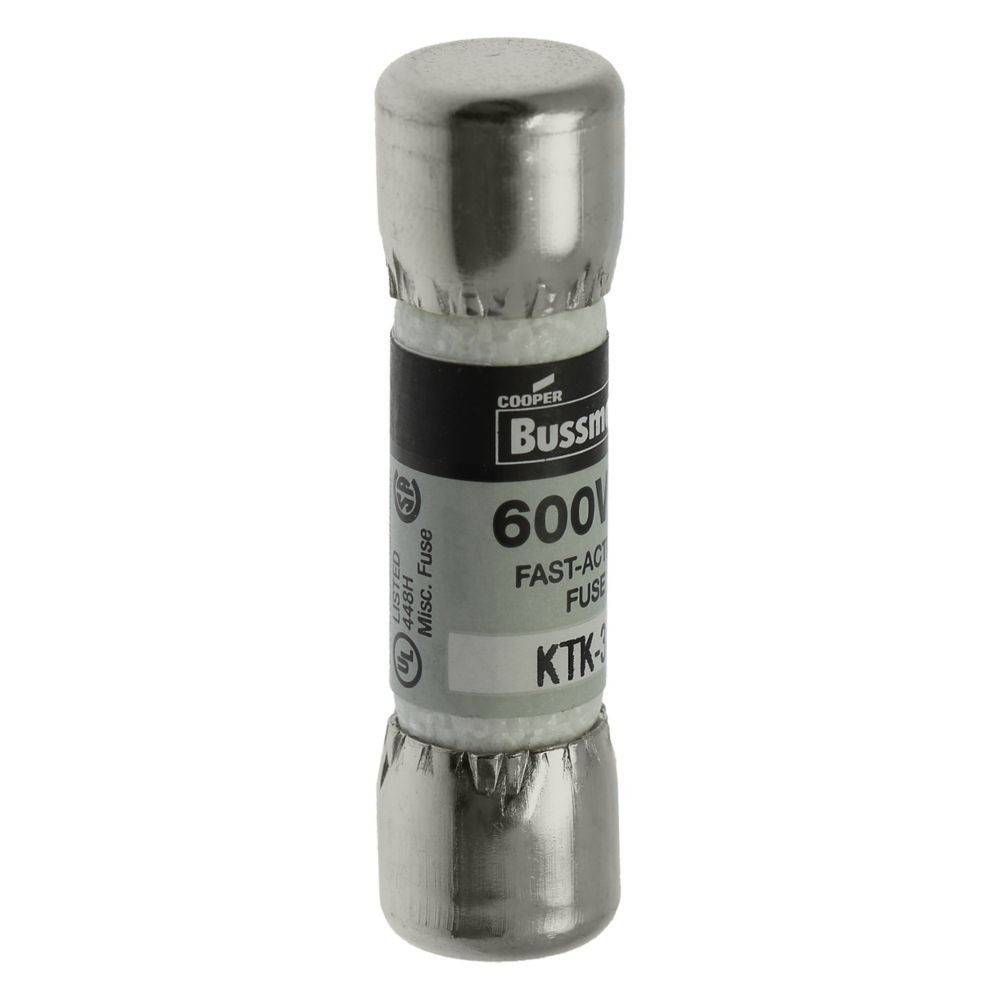 Ein Cooper Bussmann 600V schnell ansprechender Sicherungseinsatz mit KTK-Kennzeichnung und Metallenden, verwendet zum Schutz elektrischer Stromkreise.