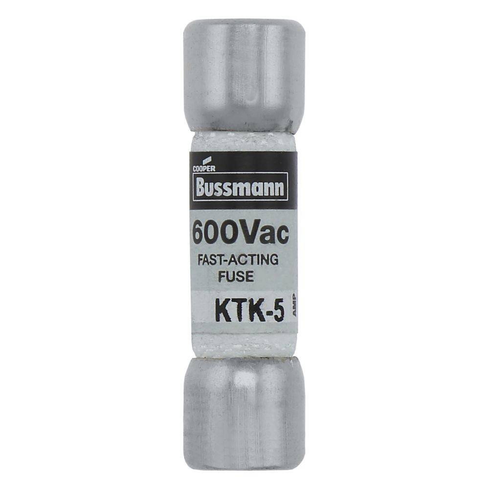 Ein zylindrischer 600Vac Schnellsicherung mit der Bezeichnung 'Bussmann KTK-5'.