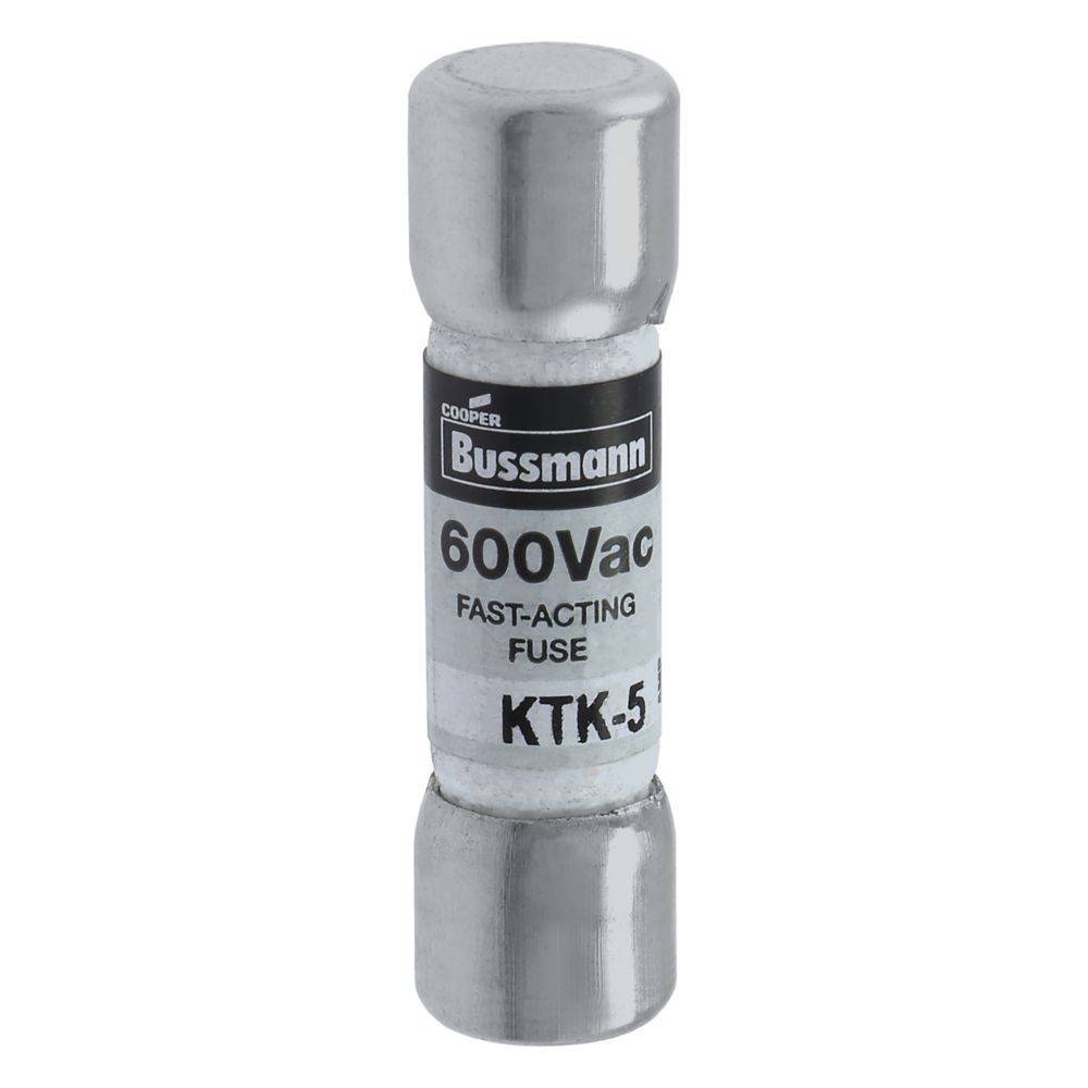 Eine zylindrische Metallsicherung mit der Beschriftung '600Vac FAST-ACTING FUSE KTK-5' von Cooper Bussmann, verwendet zum Schutz elektrischer Schaltkreise.
