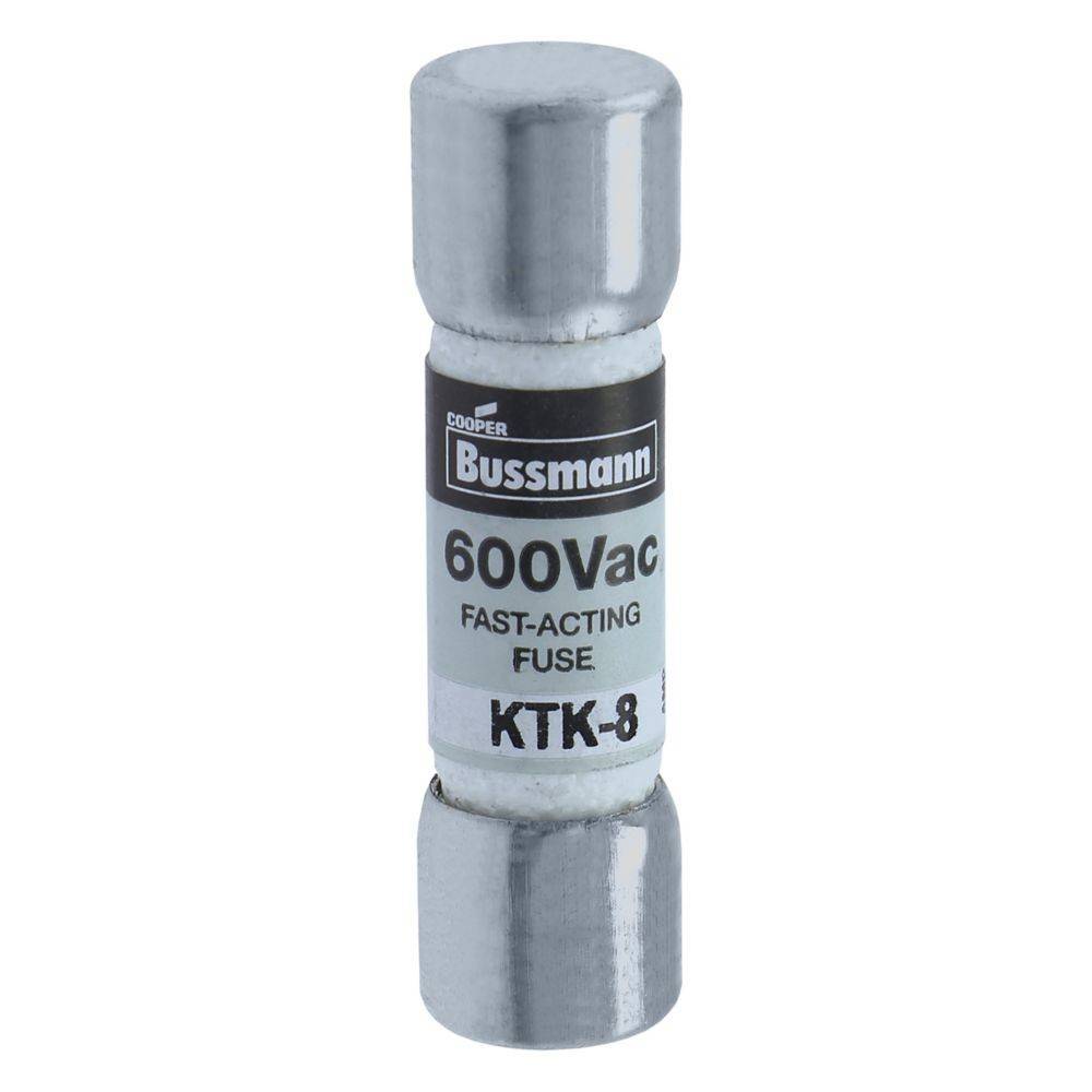 Eine silberne zylindrische Sicherung mit der Aufschrift 'Cooper Bussmann 600Vac Fast-Acting Fuse KTK-8', die zum Schutz von elektrischen Stromkreisen verwendet wird.