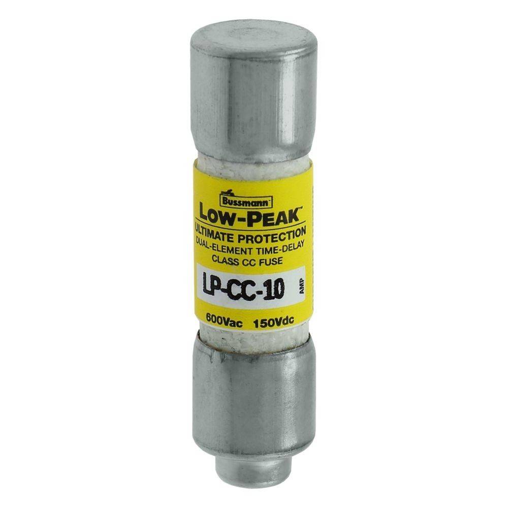 Eine zylindrische Bussmann Low-Peak LP-CC-10 Sicherung, ausgelegt für 600Vac und 150Vdc, mit einem gelben Etikett, das ultimativen Schutz und Zeitverzögerung anzeigt.