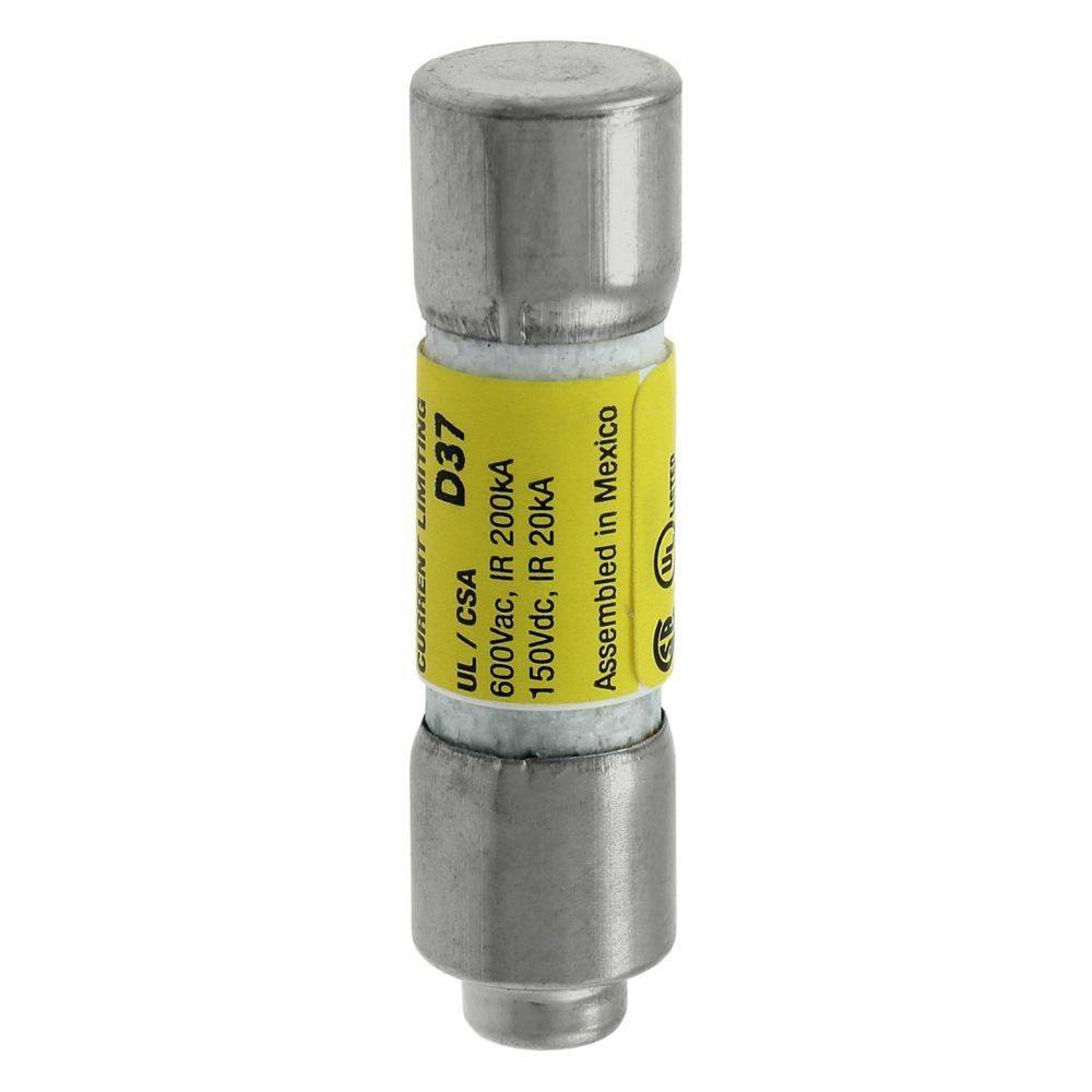 Eine Metallzylindersicherung mit gelber Beschriftung, die 600VAC, 150VDC, bewertet mit 200kA anzeigt. In Mexiko zusammengebaut.
