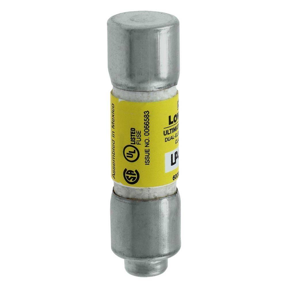 Eine Zylindersicherung mit Metallgehäuse und einem gelben Etikett mit der Aufschrift '600V AC', versehen mit Zertifizierungszeichen einschließlich UL und CSA.