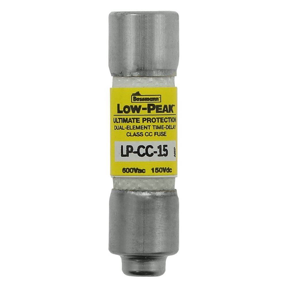Eine Zylindersicherung mit der Bezeichnung 'Low-Peak LP-CC-15', zweipolig, zeitverzögert, 600Vac, 150Vdc. Verwendet zum Schutz elektrischer Stromkreise.