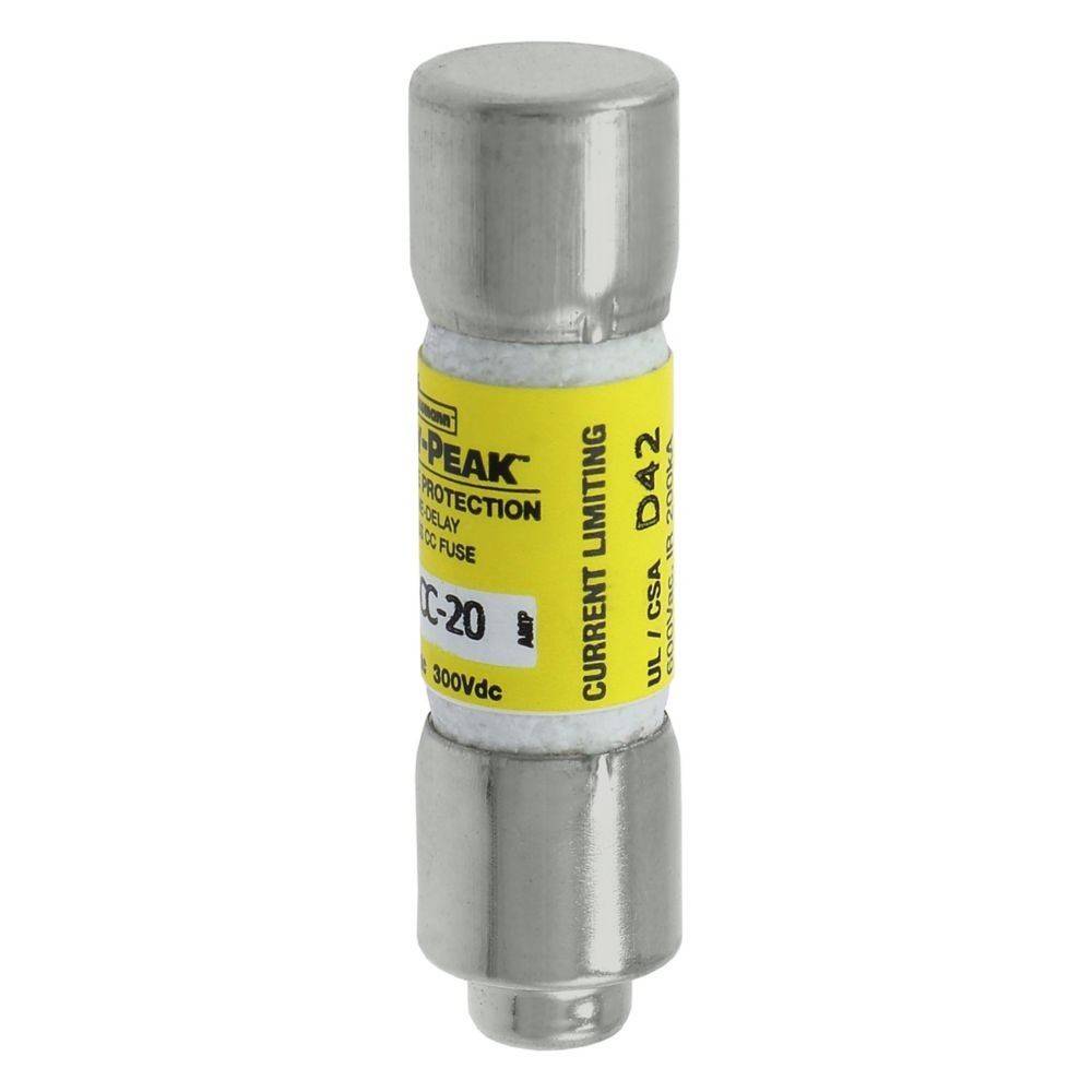 Eine Zylindersicherung mit einem gelben Etikett, auf dem 'STROMBEGRENZEND' und '30 VDC' vermerkt ist, die zur Schutz elektrischer Schaltkreise verwendet wird.