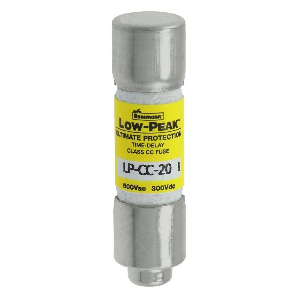Ein Bussmann Low-Peak Zeitverzögerungssicherung, Modell LP-CC-20, entwickelt für ultimativen Schutz, ausgelegt für 600Vac und 300Vdc.