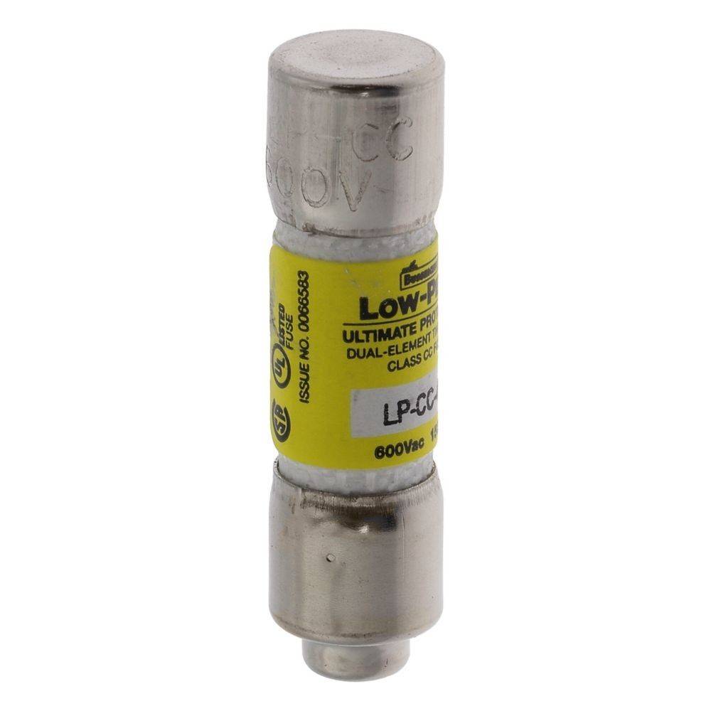 Eine zylindrische Sicherung mit gelbem Etikett, gekennzeichnet mit „LP-CC