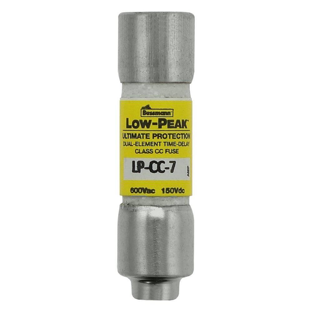 Ein Niedrig-Peak UL-Klasse CC-Sicherung, Modell LP-CC-7, mit Doppelelement-Zeitverzögerung für ultimativen Schutz, ausgelegt für 600V AC und 150V DC.