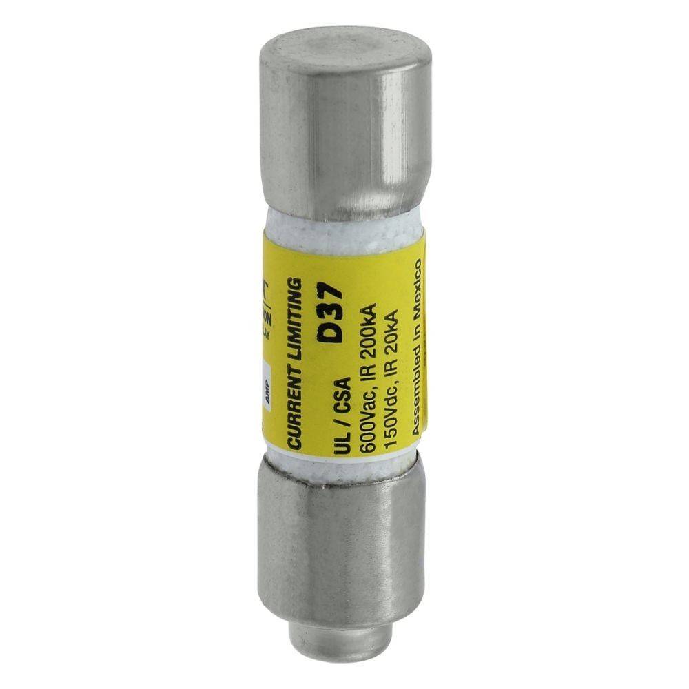 Eine zylindrische Metallfuse mit einem gelben Etikett, das mit 'D37' gekennzeichnet ist, ausgelegt für 600V AC und 200A, verwendet zur Strombegrenzung in elektrischen Systemen.