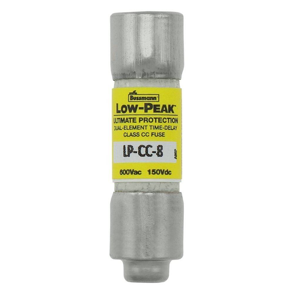Eine zylindrische Sicherung mit der Bezeichnung 'Bussmann Low-Peak LP-CC-8', ausgelegt für 600Vac und 150Vdc, zur elektrischen Schutzfunktion.