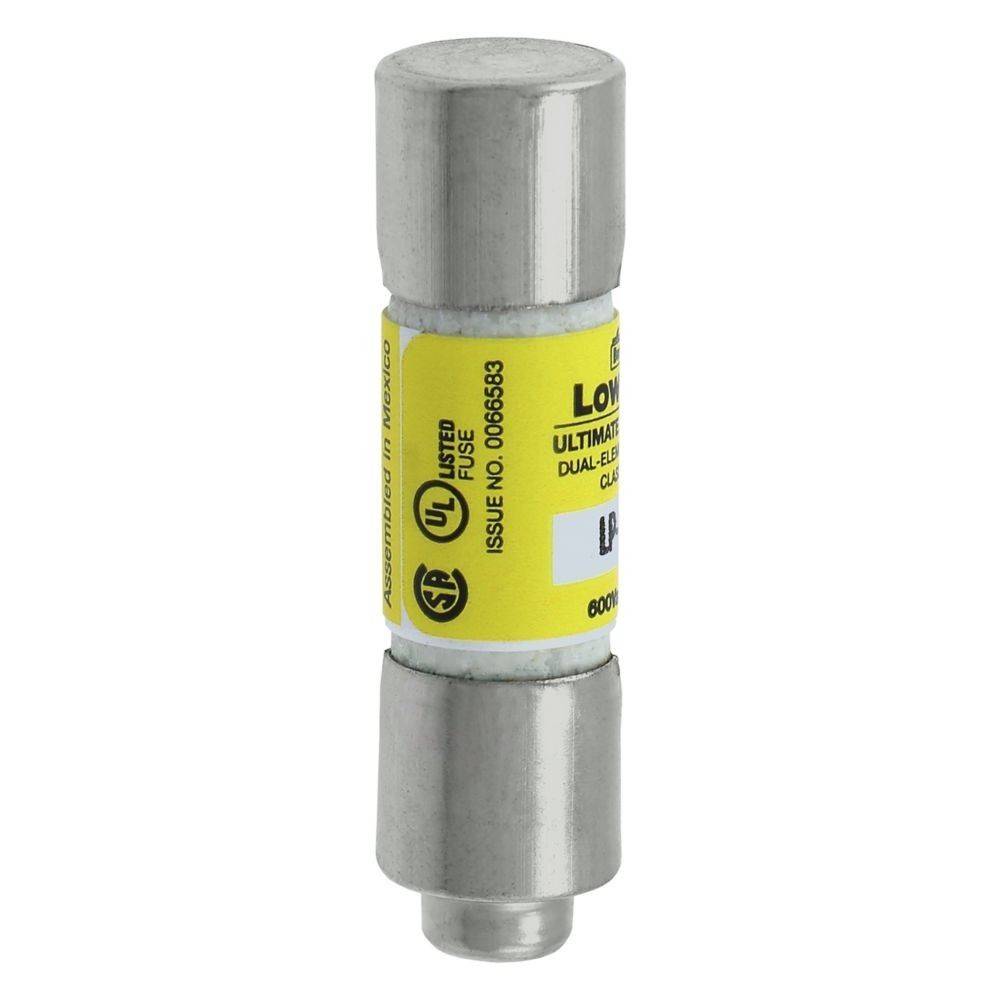 Eine zylindrische elektrische Sicherung mit metallischen Enden und einem gelben Etikett in der Mitte, das Konformitätszeichen und Produktspezifikationen zeigt.