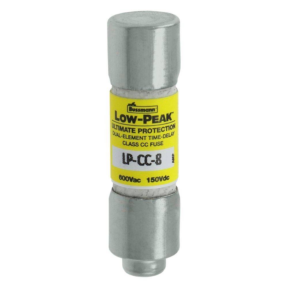 Ein zylindrischer Metallsicherung mit der Bezeichnung 'Bussmann Low-Peak Ultimate Protection Dual-Element Time-Delay Class CC Sicherung LP-CC-8 600Vac 150Vdc.