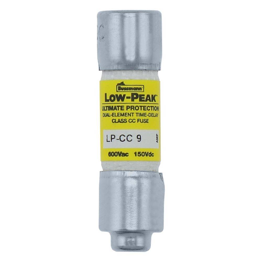 Eine gelbe 'Low-Peak' Zeitverzögerungssicherung mit der Bezeichnung 'LP-CC 9', bewertet mit '600V AC 150V DC', verwendet für den elektrischen Stromkreisschutz.