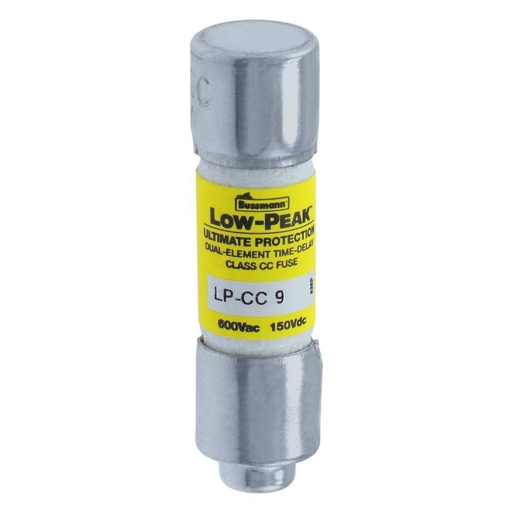 Ein Low-Peak LP-CC 9 Sicherungselement, bewertet mit 600V AC, 150V DC, entwickelt für ultimativen Schutz mit Zwei-Elementen-Zeitverzögerung.