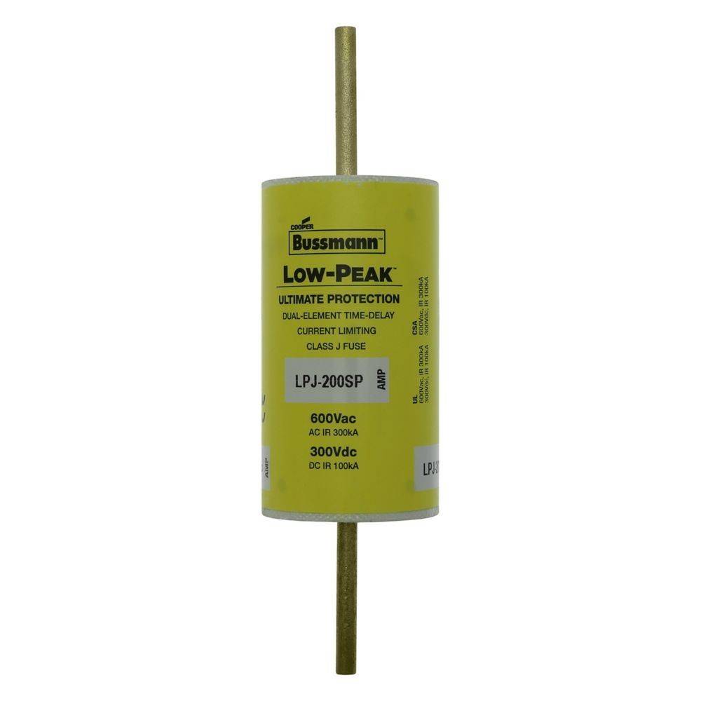 Eine zylindrische gelbe Sicherung mit der Bezeichnung 'Bussmann Low-Peak, Dual-Element Time-Delay, Klasse J Sicherung, LPJ-200SP, 600Vac, 300Vdc'.