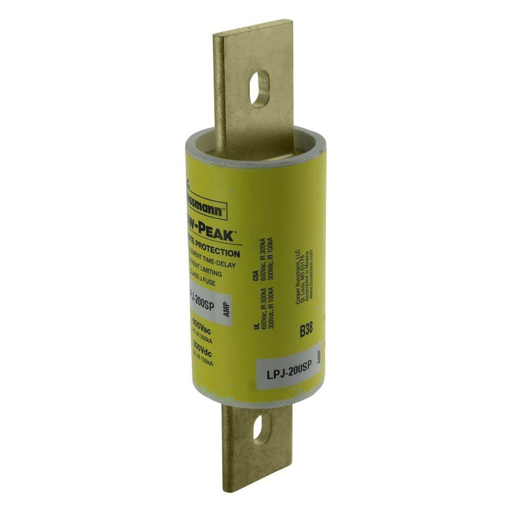 Eine gelbe, zylindrische Bussmann-Sicherung mit Metallanschlüssen, beschriftet mit 'LPJ-20USP', entwickelt für elektrische Anwendungen.