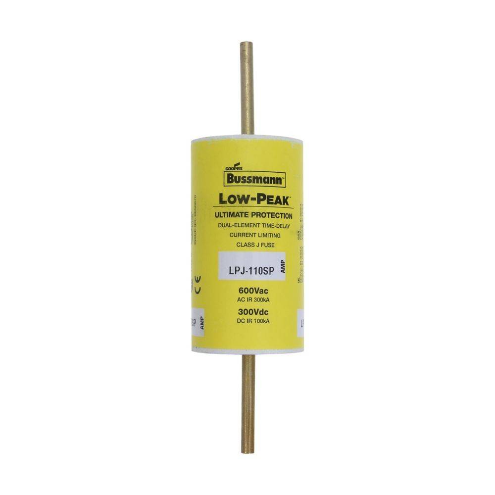 Ein Bussmann Low-Peak-Sicherung, Modell LPJ-110SP, mit Dual-Element-Zeitverzögerungsfunktion, die einen Schutz für 600 V AC und 300 V DC bietet.