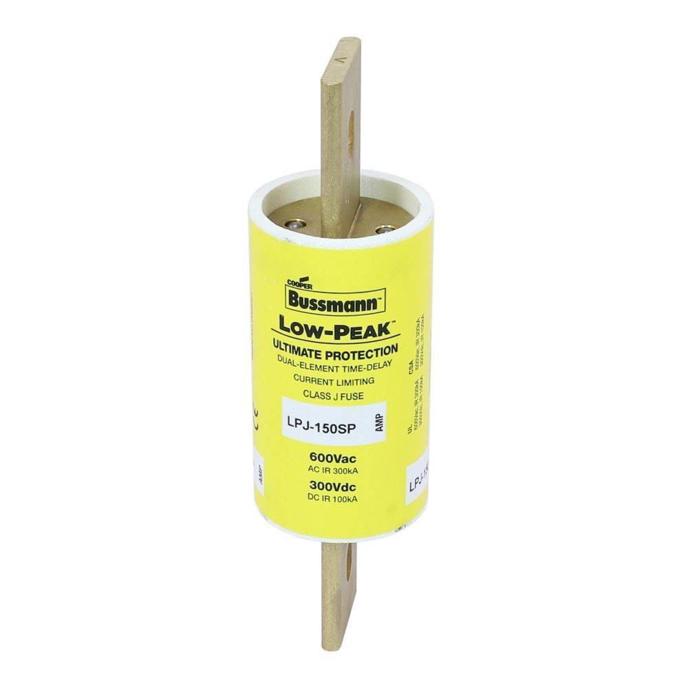 Eine gelbe Bussmann Low-Peak Sicherung mit Doppelelement-Design, gekennzeichnet als 'LPJ-150SP'. Sie ist ausgelegt für 600 Volt Wechselstrom und 300 Volt Gleichstrom, 150 Ampere.