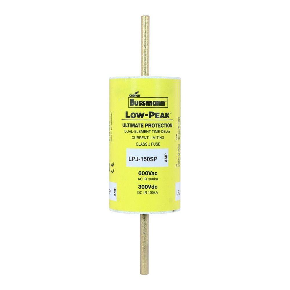 Ein Bussmann Low-Peak Sicherung, Modell LPJ-150SP, bietet einen zweielementigen zeitverzögerten Schutz mit einer Spannungsbewertung von 600 V AC und 300 V DC.
