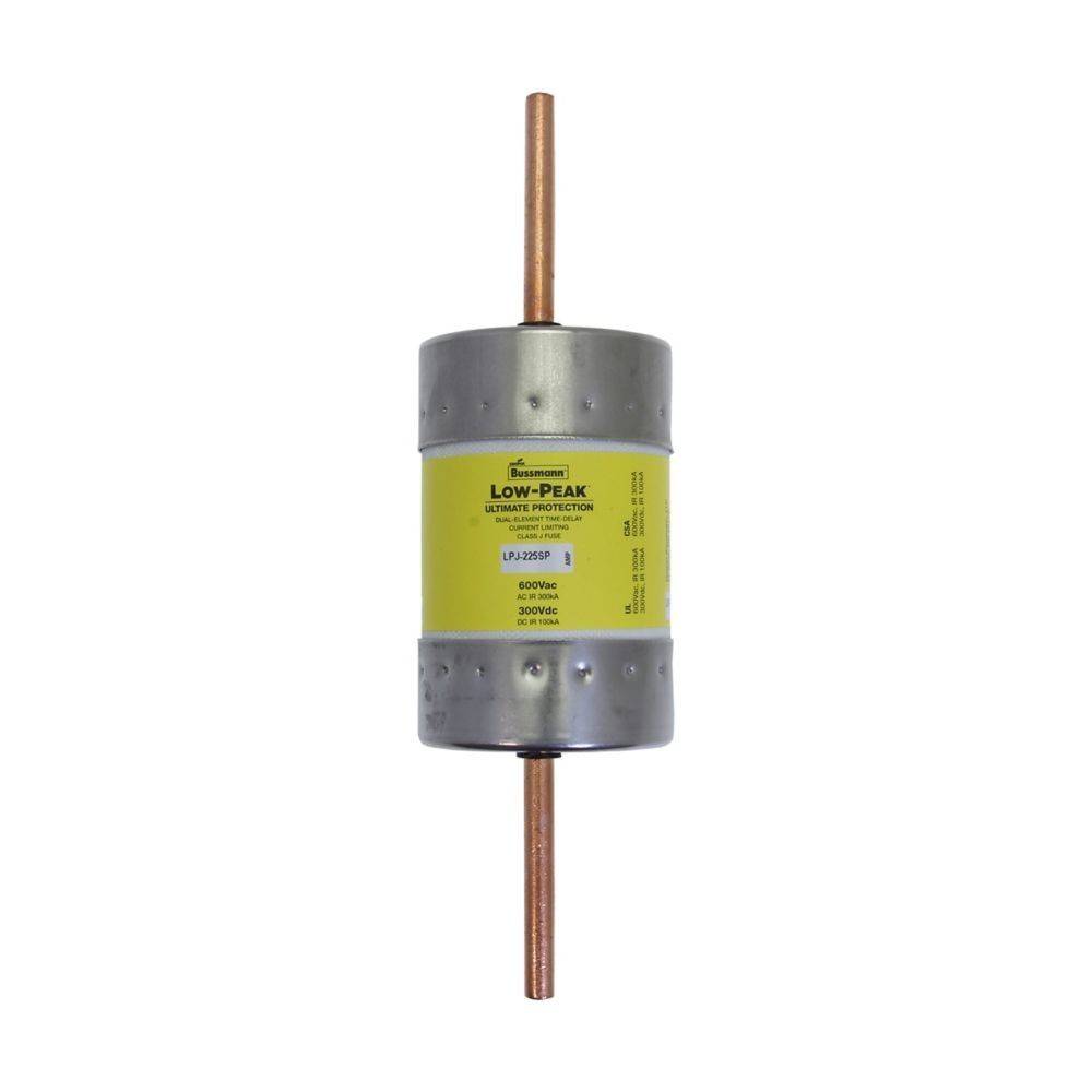 Eine zylindrische elektrische Sicherung mit einem gelben Etikett, das 'Low-Peak' und '600V AC' markiert. Sie verfügt über Kupferklemmen an beiden Enden.