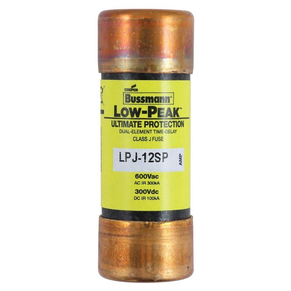 Eine zylindrische kupferfarbene Sicherung mit der Bezeichnung 'Cooper Bussmann Low-Peak LPJ-12SP', ausgelegt für 600Vac, 300Vdc, die ultimativen Schutz anzeigt.