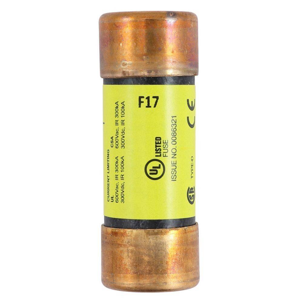 Eine zylindrische Sicherung mit einem gelben Etikett, markiert als 'F17'. Sie ist UL gelistet und ausgelegt für 600V, 100A. Der Körper ist in einer Metallkappe gehäust.