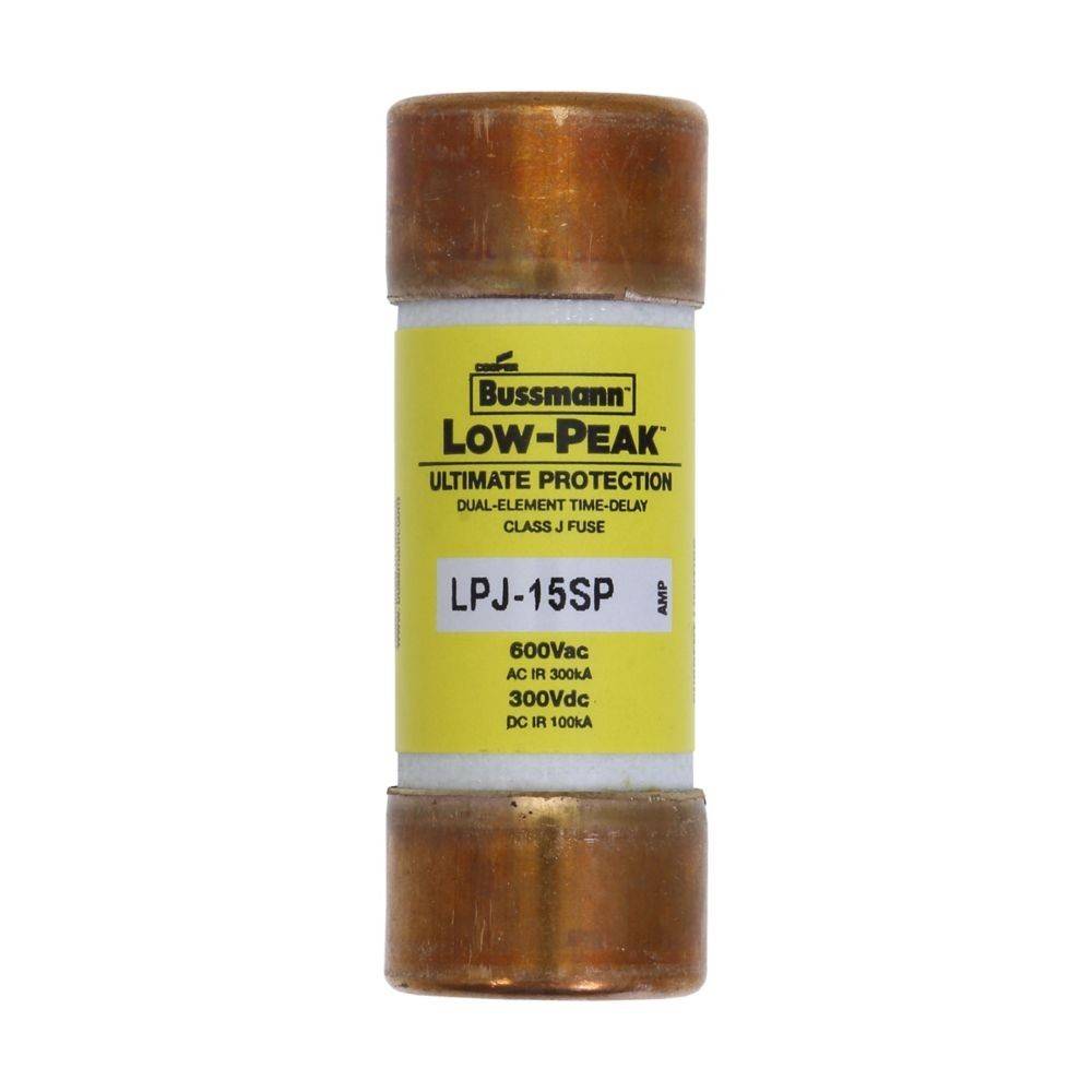 Ein Bussmann Low-Peak LPJ-15SP Sicherungselement, konzipiert für maximalen Schutz mit Spezifikationen von 600 V AC, 300 V DC und verschiedenen Gleichstrom- und Wechselstrom-Bewertungen.