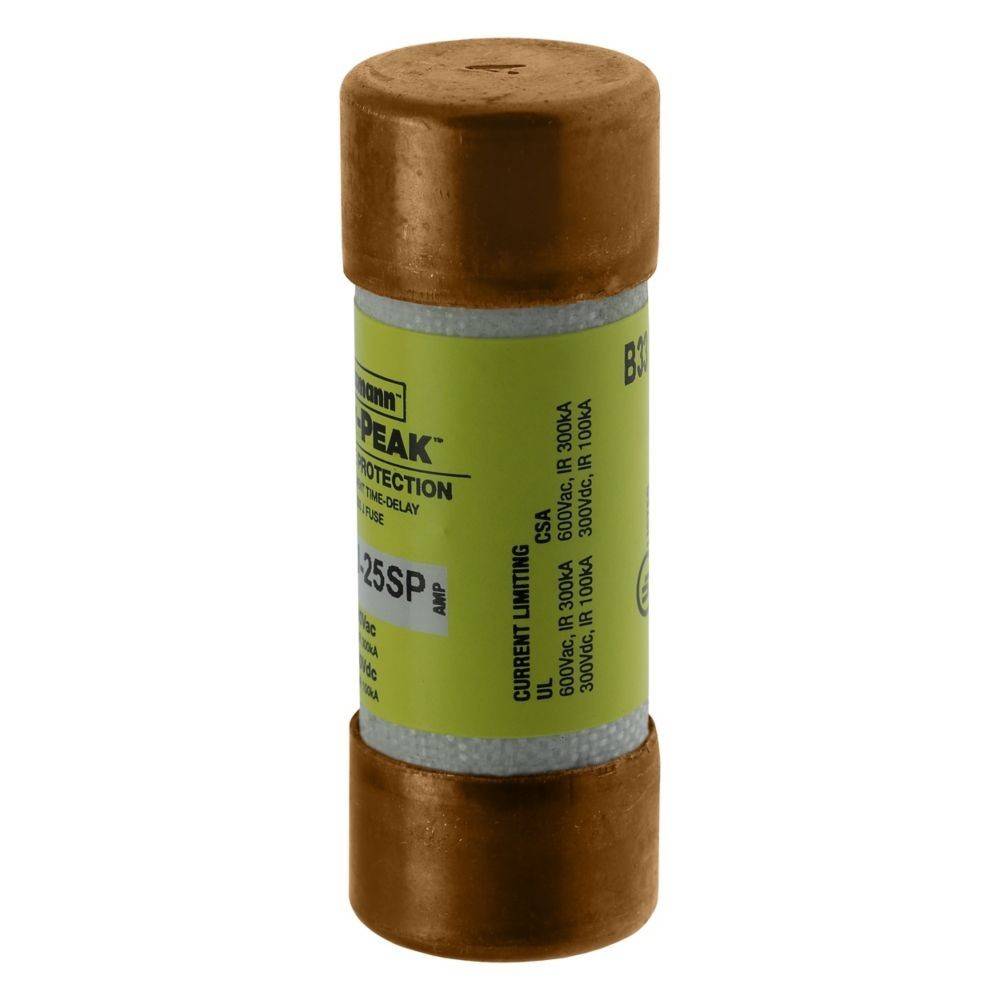 Eine Sicherung in Zylinderform mit Kupferklemmen und einem gelben Etikett, das Spezifikationen und den Markennamen anzeigt. Sie wird zum Schutz von elektrischen Stromkreisen verwendet.