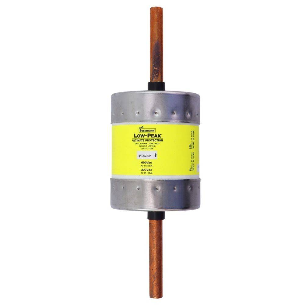Eine zylindrische elektrische Sicherung mit der Bezeichnung 'Low-Peak' mit einem gelben Gehäuse und Kupferklemmen. Ausgelegt für 600 VAC/DC, 200.000 A.I.R.