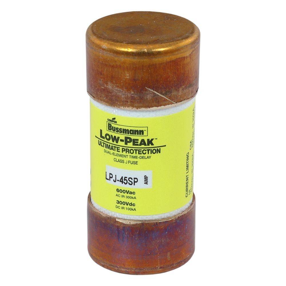 Ein kupferfarbener Bussmann Low-Peak LPJ-45SP Sicherung, gekennzeichnet für 600Vac, 45 Ampere. Geeignet für Schutz bei hohen Unterbrechungsströmen.