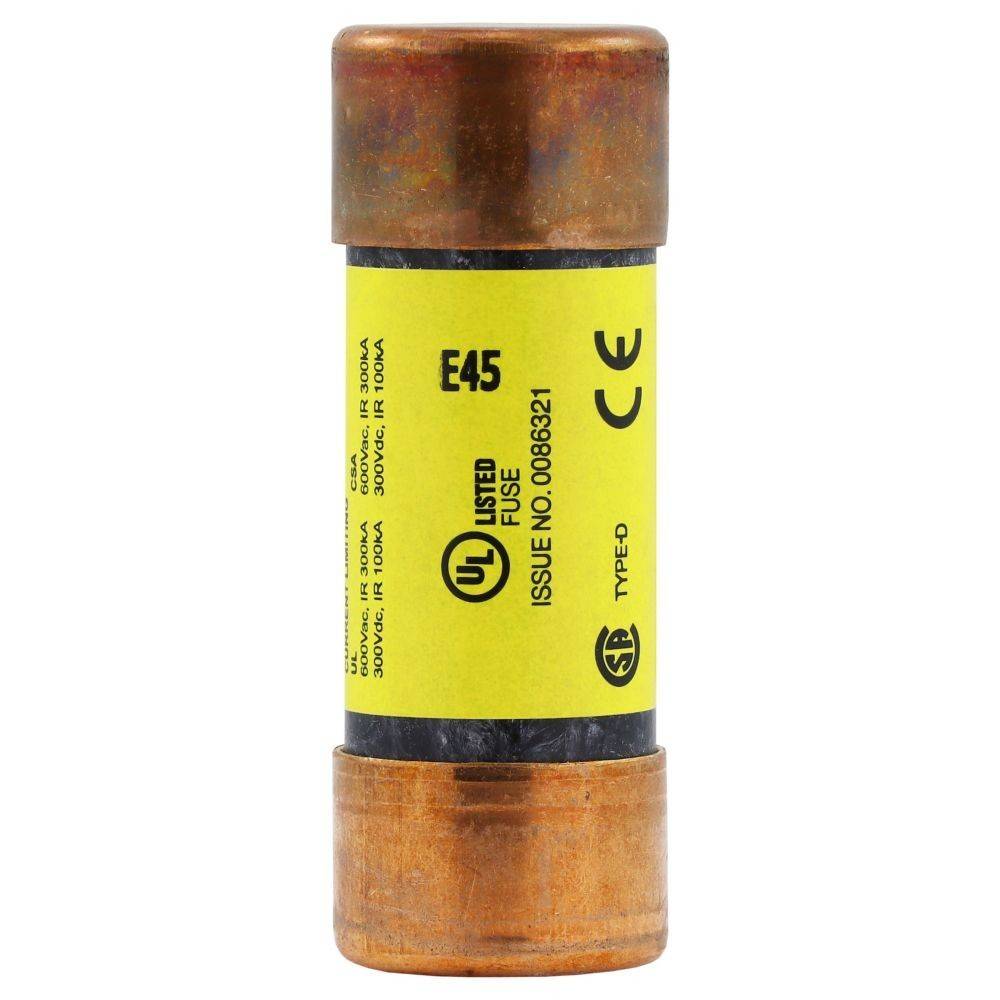 Eine Zylindersicherung mit Kupferenden und einem gelben Etikett. Das Etikett trägt die Aufschrift 'UL Listed', 'E45', 'Ausgabe Nr. 080821' und CE-Kennzeichnung.