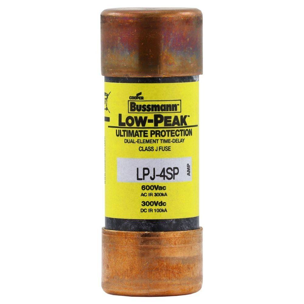 Ein zylindrischer Sicherungseinsatz mit der Bezeichnung 'Bussmann Low-Peak LPJ-4SP', der Zweielementeigenschaften, Zeitverzögerung, 600 V Wechselspannung, 300 V Gleichspannung und Klasse-J-Spezifikationen anzeigt.