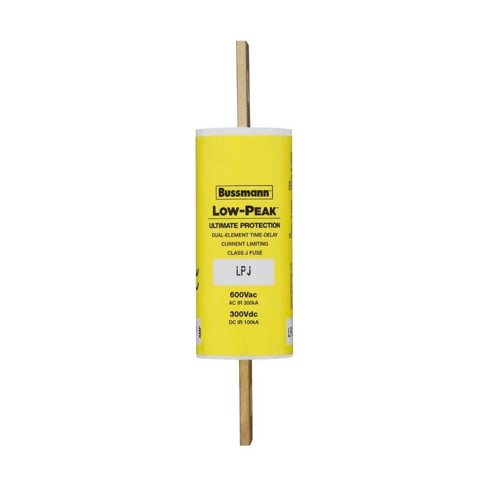 Ein zylindrischer elektrischer Sicherungseinsatz mit der Bezeichnung 'Bussmann Low-Peak Ultimate Protection LPJ', ausgelegt für 600 V Wechselspannung, 300 V Gleichspannung, Klasse J, Doppelelement, mit Zeitverzögerung.