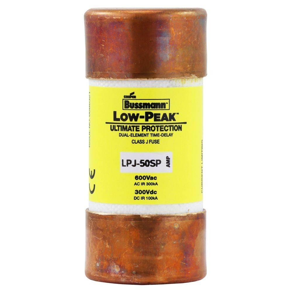 Ein Bussmann Low-Peak LPJ-50SP Sicherung, entwickelt für ultimativen Schutz, ausgelegt für 600 V AC und 300 V DC, und für bis zu 300 A AC oder 100 kA DC.