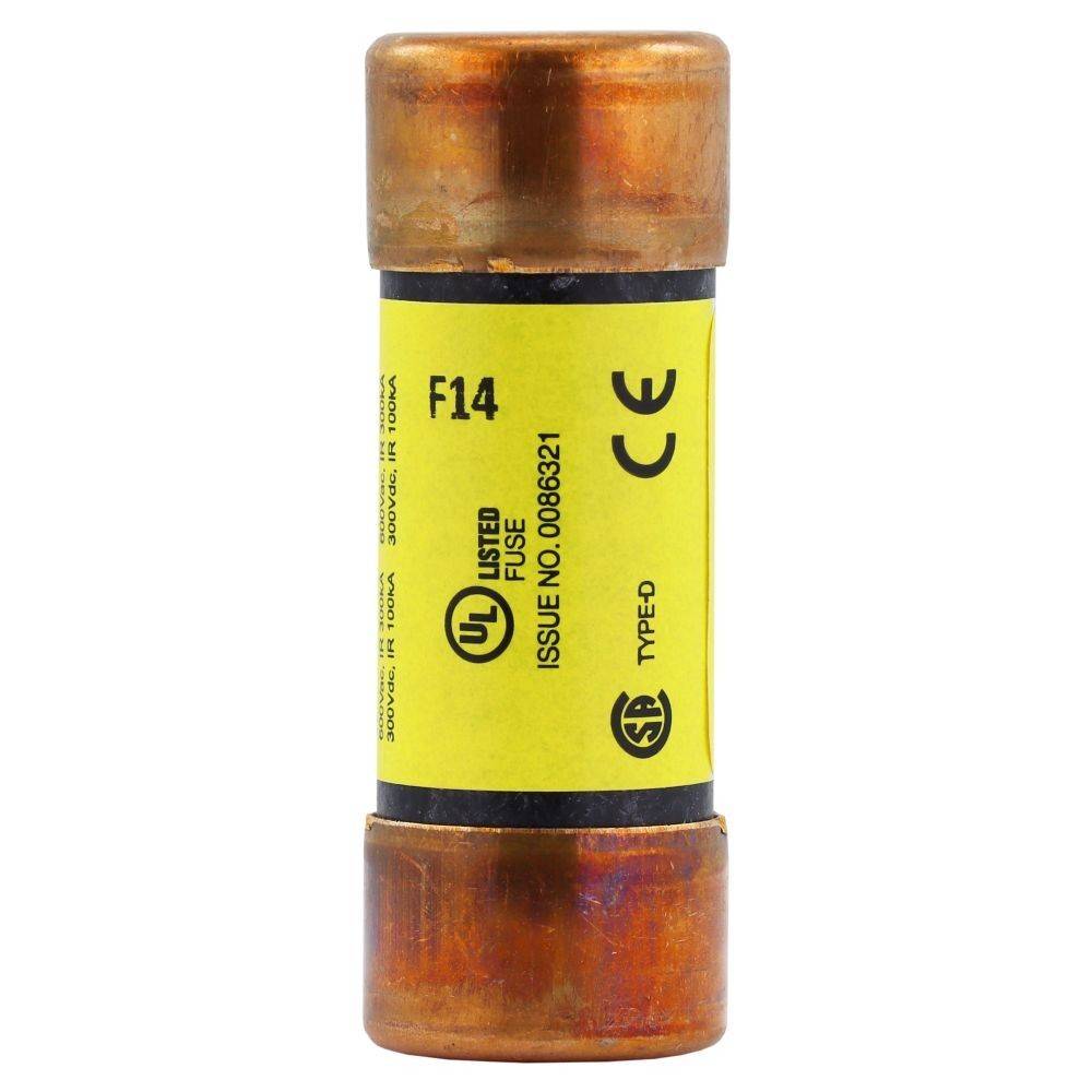 Eine zylindrische Kupfersicherung mit einem gelben Etikett, das 'F14 UL LISTED FUSE TYPE-D CE' markiert. Sie enthält Sicherheitszertifizierungssymbole.
