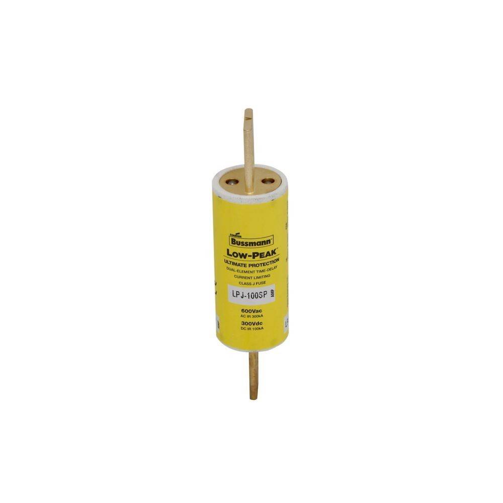 Eine gelbe zylindrische Sicherung mit der Aufschrift 'Bussmann Low-Peak, LPJ-100SP', 600V, 100A. Verwendet für Stromschutz in elektrischen Systemen.