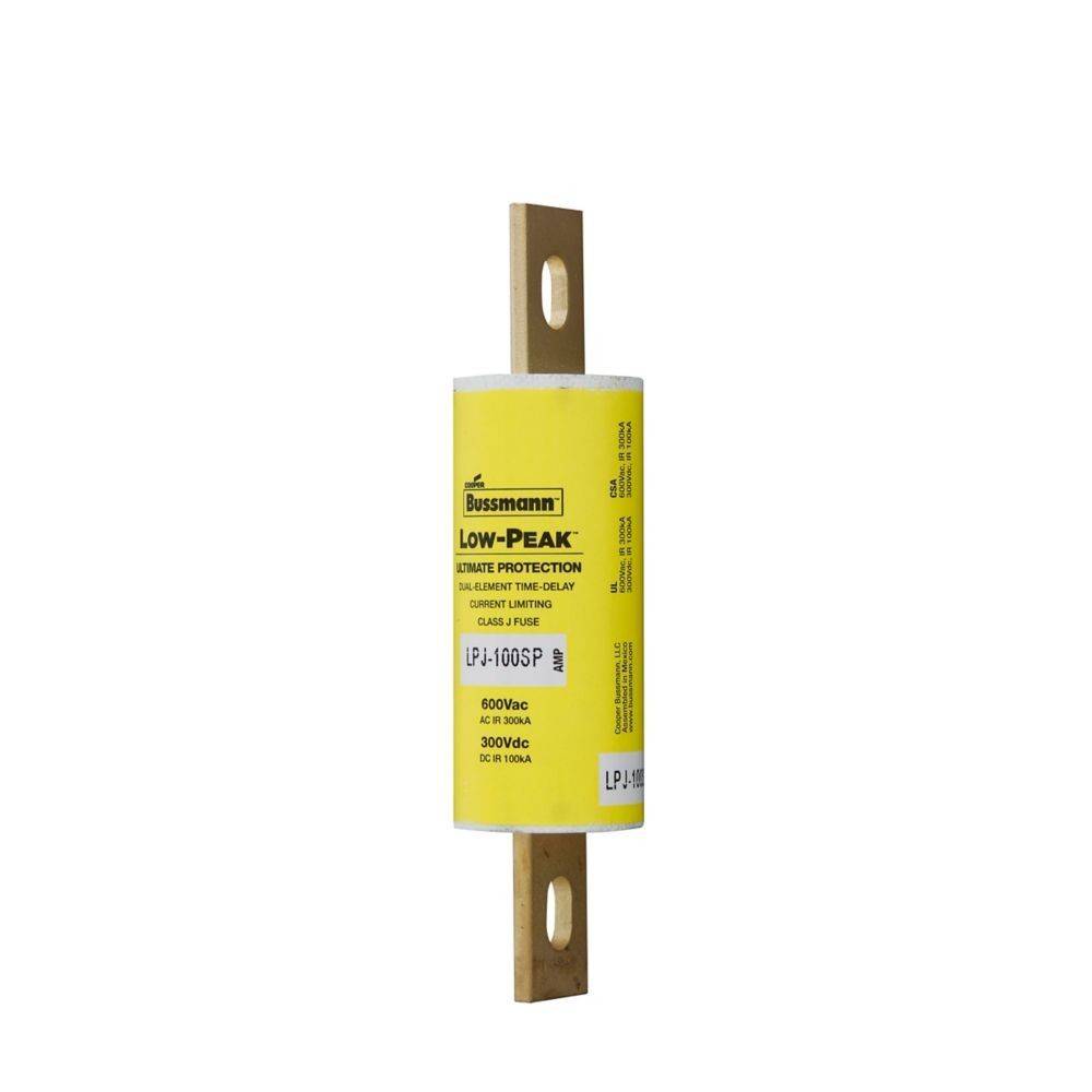 Eine zylindrische Bussmann Low-Peak Sicherung mit einem gelben Etikett, ausgelegt für eine Nennspannung von 600V AC und 300kV DC, konstruiert für kritischen Schutz.